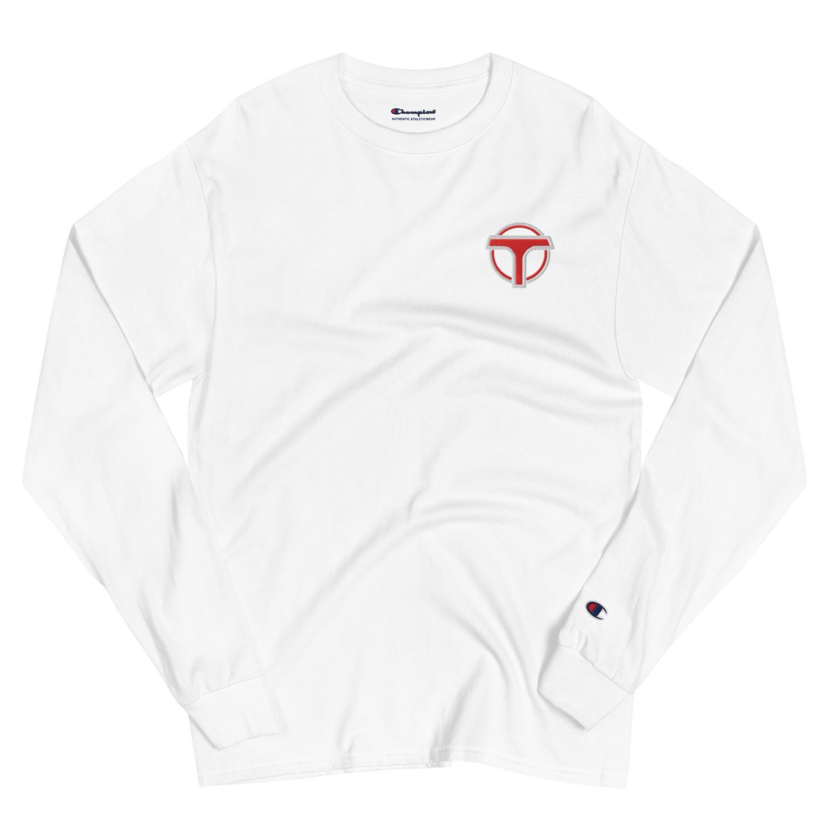 Wrinkled white lightweight, 100% cotton luxury Champion© shirt featuring airport shuttle emblem embroidered in the top right corner. Item is a BRKDrip Builder's Collection luxury longsleeve shirt with a classic town building block aesthetic.