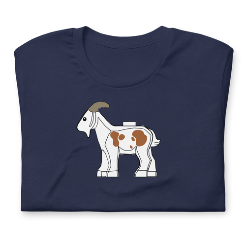 Folded navy blue 100% airlume cotton t-shirt featuring classic fan-made original-style white brick goat with brown spots. Item is a BRKDrip AFOL essentials shirt with a vintage castle building blocks aesthetic.
