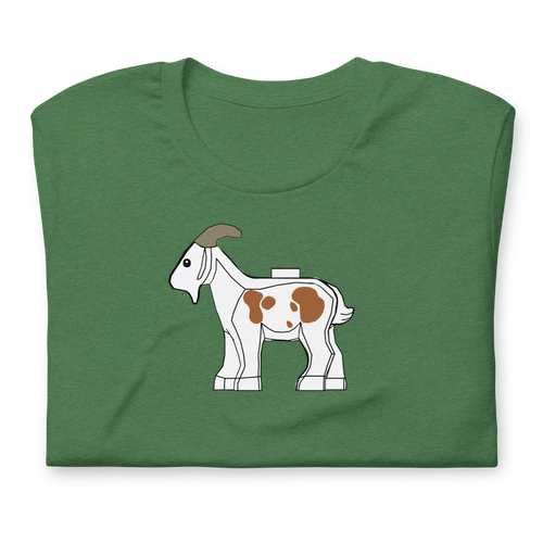 Folded heather green 100% airlume cotton t-shirt featuring classic fan-made original-style white brick goat with brown spots. Item is a BRKDrip AFOL essentials shirt with a vintage castle building blocks aesthetic.