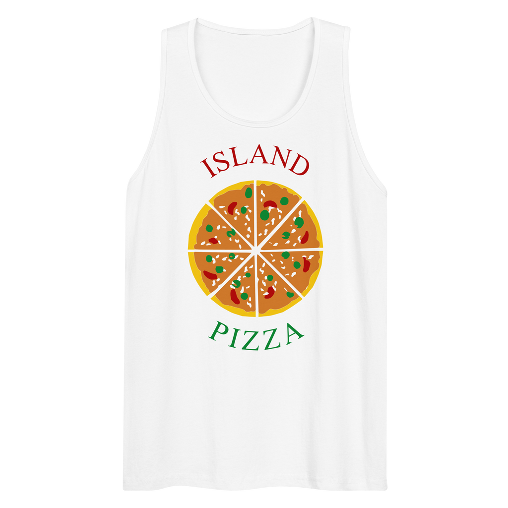 Wrinkled white 100% airlume cotton t-shirt featuring classic fan-made orange/yellow brick island pizzeria design. Item is a BRKDrip premium summer wear tank top with a classic town building blocks aesthetic.