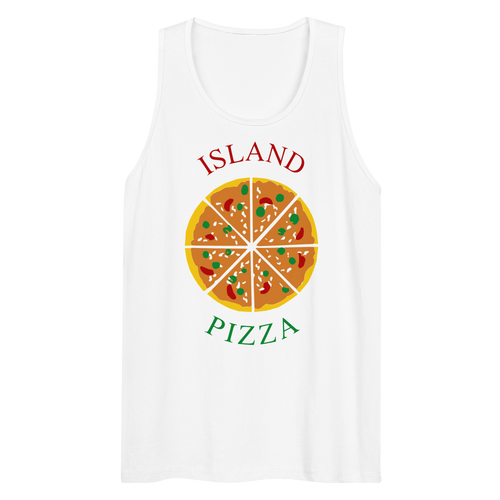 Wrinkled white 100% airlume cotton t-shirt featuring classic fan-made orange/yellow brick island pizzeria design. Item is a BRKDrip premium summer wear tank top with a classic town building blocks aesthetic.