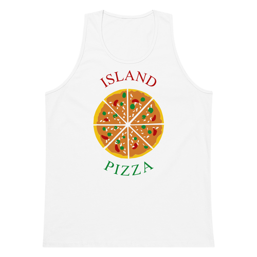 White 100% airlume cotton t-shirt featuring classic fan-made orange/yellow brick island pizzeria design. Item is a BRKDrip premium summer wear tank top with a classic town building blocks aesthetic.