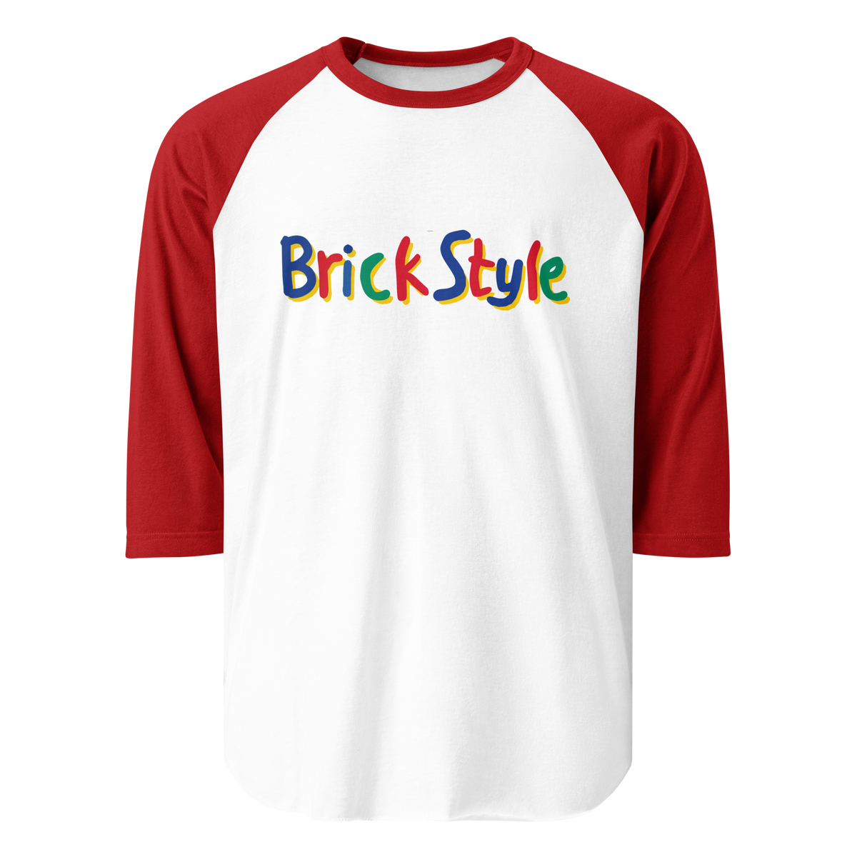 White 100% cotton shirt with red 3/4 length sleeves featuring parody AFOL slogan "Brick Style" in child-like block writing with letters alternating between blue, red, and green. Item is a BRKDrip retro collection baseball tee with a vintage building blocks aesthetic.