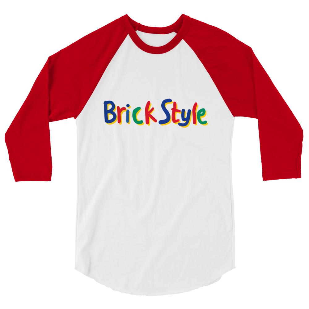 Flat white 100% cotton shirt with red 3/4 length sleeves featuring parody AFOL slogan "Brick Style" in child-like block writing with letters alternating between blue, red, and green. Item is a BRKDrip retro collection baseball tee with a vintage building blocks aesthetic.