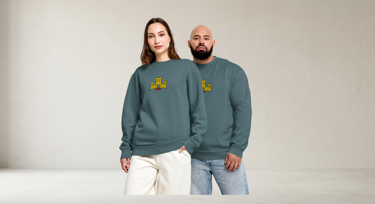 Fashionable male and female model couple wearing matching pebble blue tri-blend fleece sweatshirt featuring a classic fan-made OG yellow castle design embroidered across the front and setshirt number 375 on the sleeve. Item is a BRKDrip Limited Edition Cozy Wear Sweatshirt with a vintage castle building blocks aesthetic.