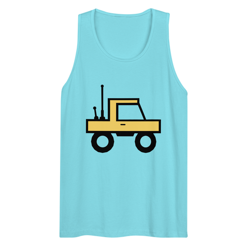 Wrinkled pacific blue 100% airlume cotton t-shirt featuring classic fan-made orange/yellow brick trucker with dual antenna design. Item is a BRKDrip premium summer wear tank top with a classic town building blocks aesthetic.