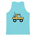 Pacific blue 100% airlume cotton t-shirt featuring classic fan-made orange/yellow brick trucker with dual antenna design. Item is a BRKDrip premium summer wear tank top with a classic town building blocks aesthetic.