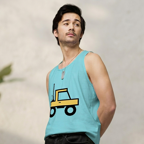 Fashionable male model wearing pacific blue 100% airlume cotton t-shirt featuring classic fan-made orange/yellow brick trucker with dual antenna design. Item is a BRKDrip premium summer wear tank top with a classic town building blocks aesthetic.