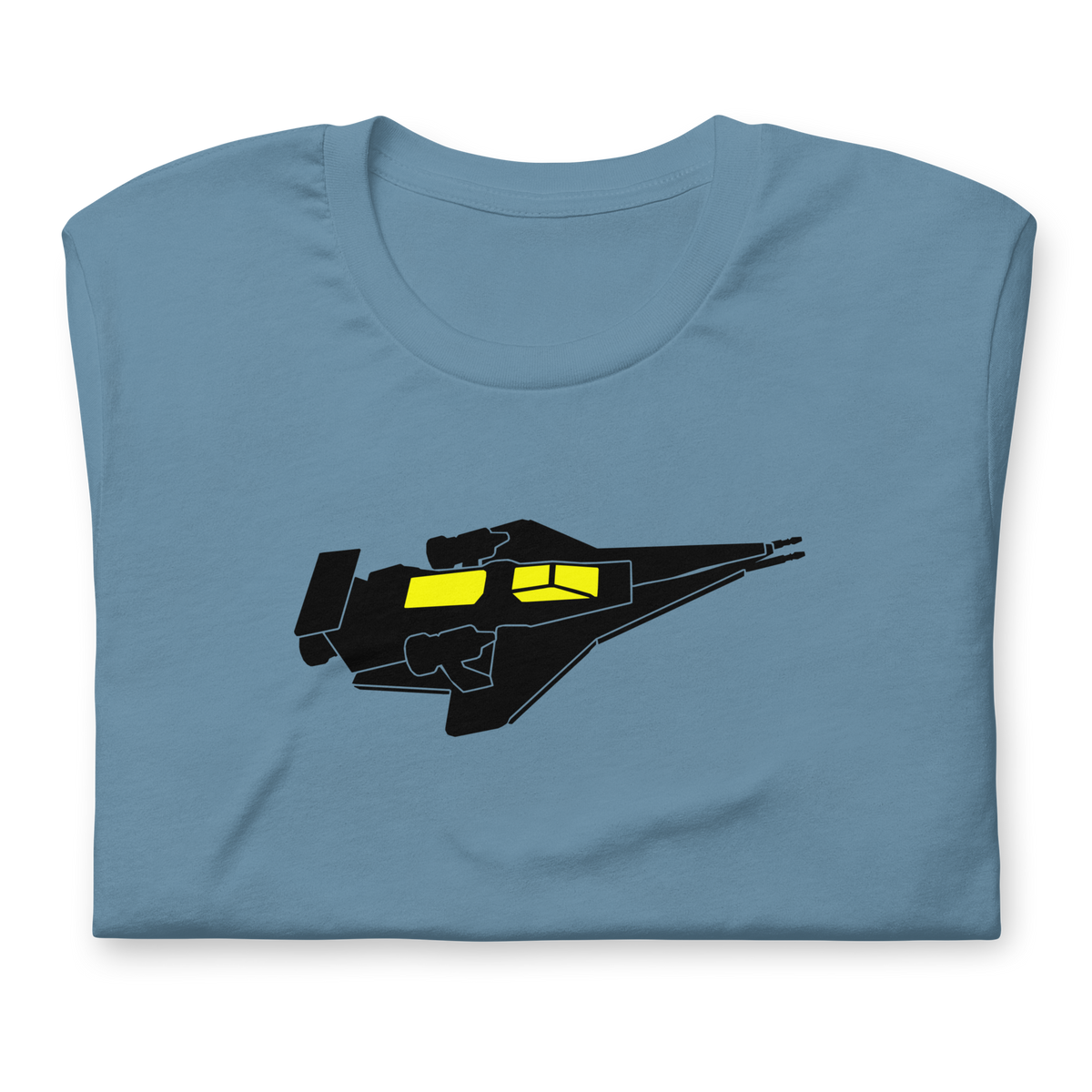 Folded steel blue 100% airlume cotton t-shirt featuring classic fan-made cosmic exploration spaceship design. Item is a BRKDrip AFOL essentials shirt with a vintage space building blocks aesthetic.