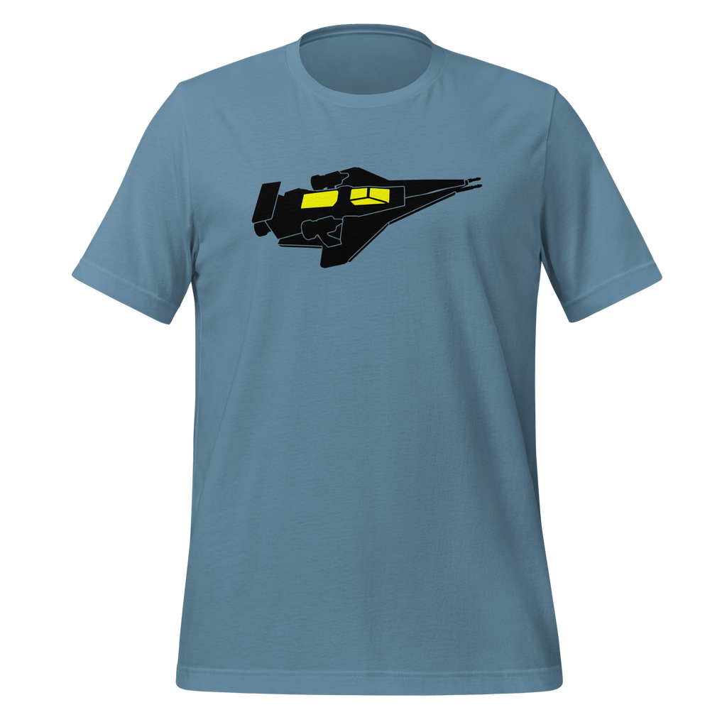 Steel blue 100% airlume cotton t-shirt featuring classic fan-made cosmic exploration spaceship design. Item is a BRKDrip AFOL essentials shirt with a vintage space building blocks aesthetic.
