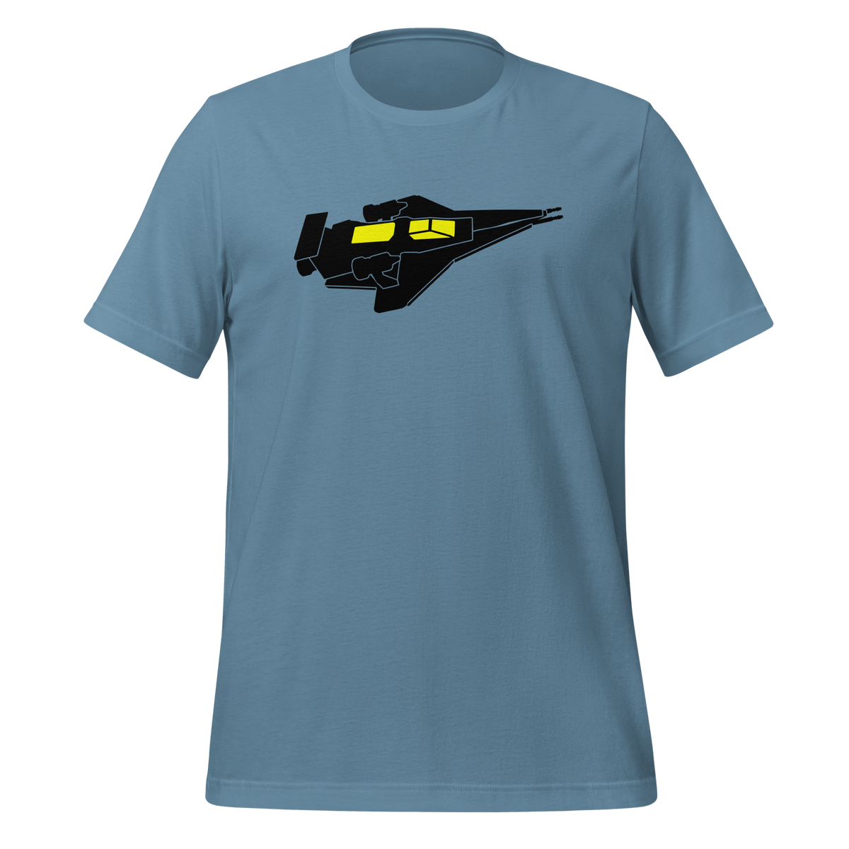 Steel blue 100% airlume cotton t-shirt featuring classic fan-made cosmic exploration spaceship design. Item is a BRKDrip AFOL essentials shirt with a vintage space building blocks aesthetic.