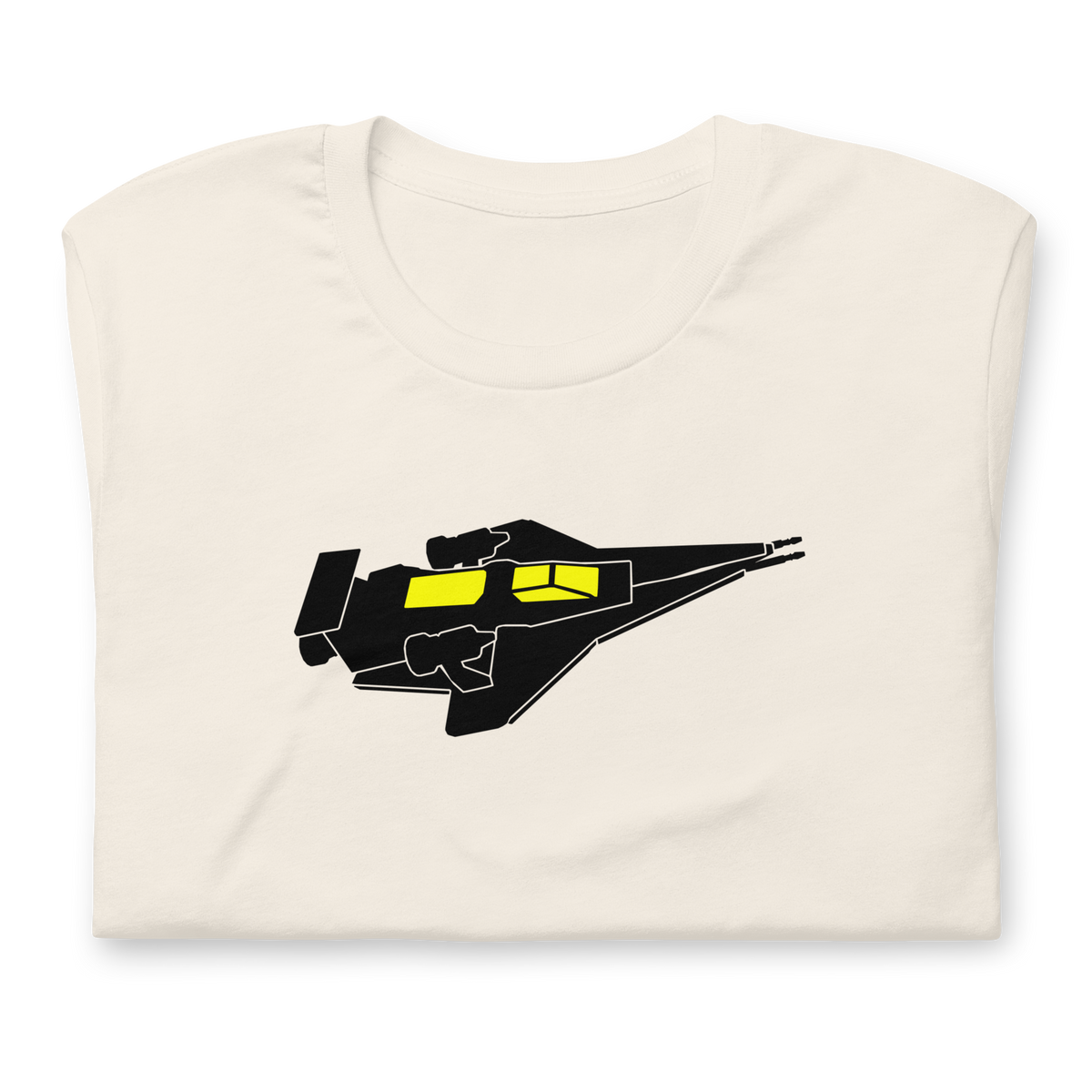 Folded vintage white 100% airlume cotton t-shirt featuring classic fan-made cosmic exploration spaceship design. Item is a BRKDrip AFOL essentials shirt with a vintage space building blocks aesthetic.