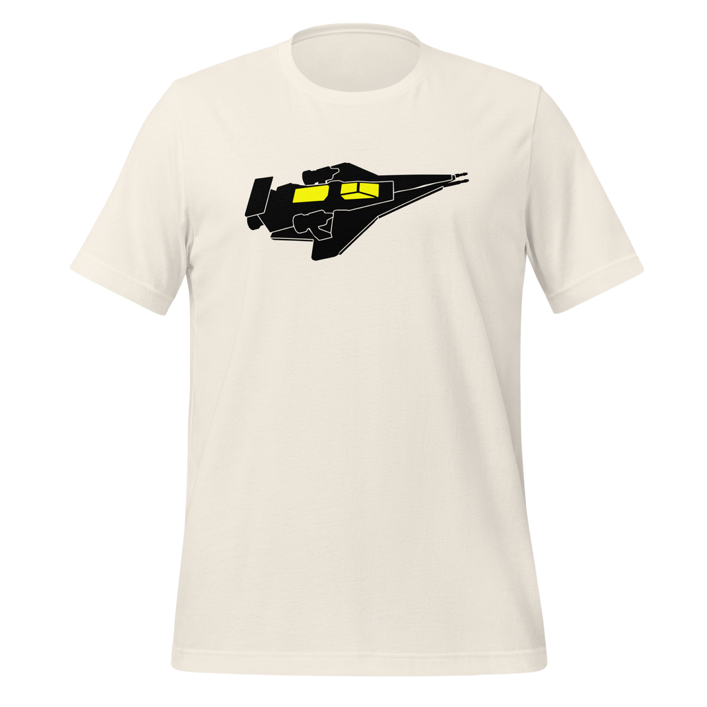 Vintage white 100% airlume cotton t-shirt featuring classic fan-made cosmic exploration spaceship design. Item is a BRKDrip AFOL essentials shirt with a vintage space building blocks aesthetic.