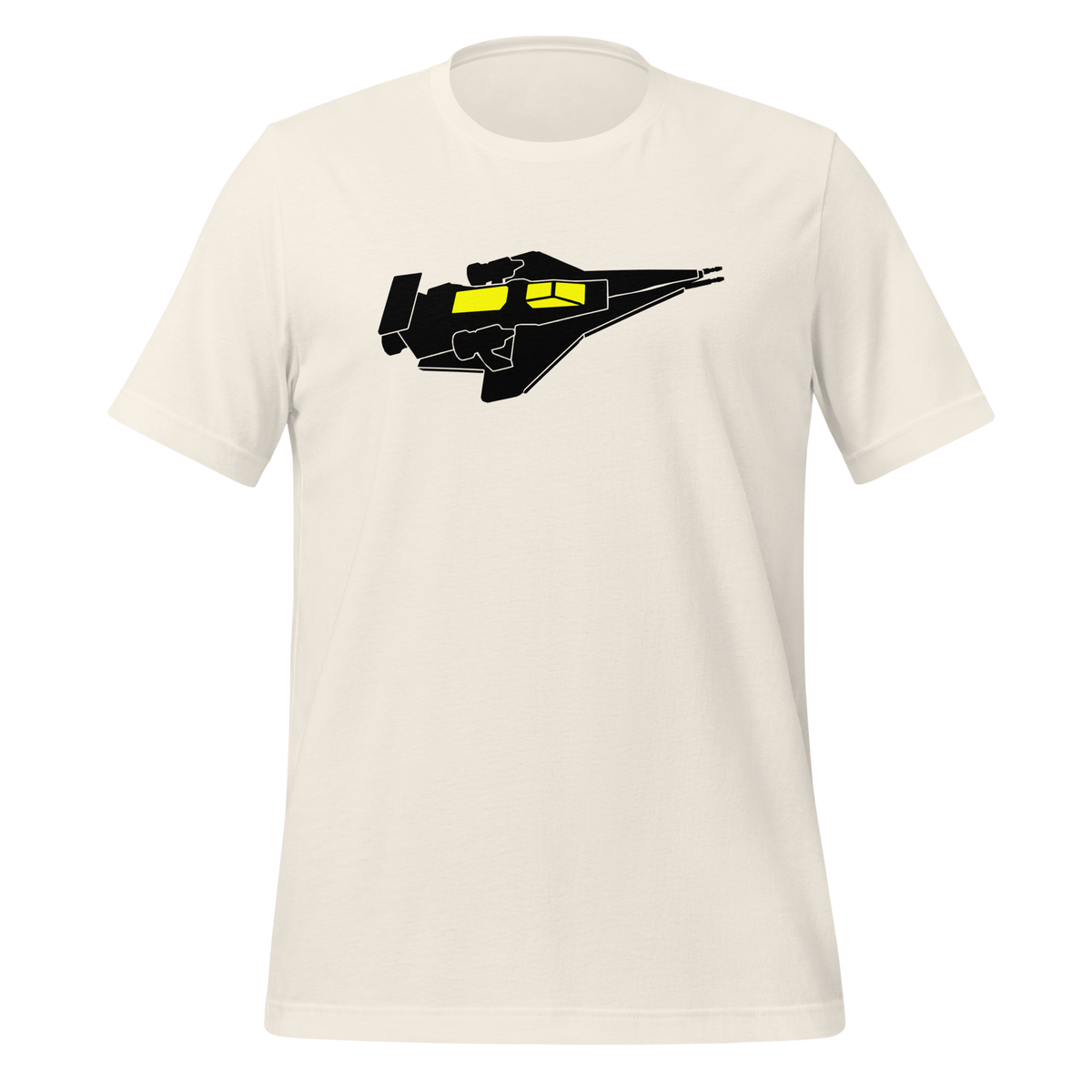 Vintage white 100% airlume cotton t-shirt featuring classic fan-made cosmic exploration spaceship design. Item is a BRKDrip AFOL essentials shirt with a vintage space building blocks aesthetic.