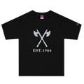 Black heavyweight, 100% cotton luxury Champion© t-shirt featuring aged crossed axes emblem and text "EST. 1984" indicating the year the faction was first introduced to the brick universe. Item is a BRKDrip Heritage Collection luxury shirt with a vintage castle building block aesthetic.