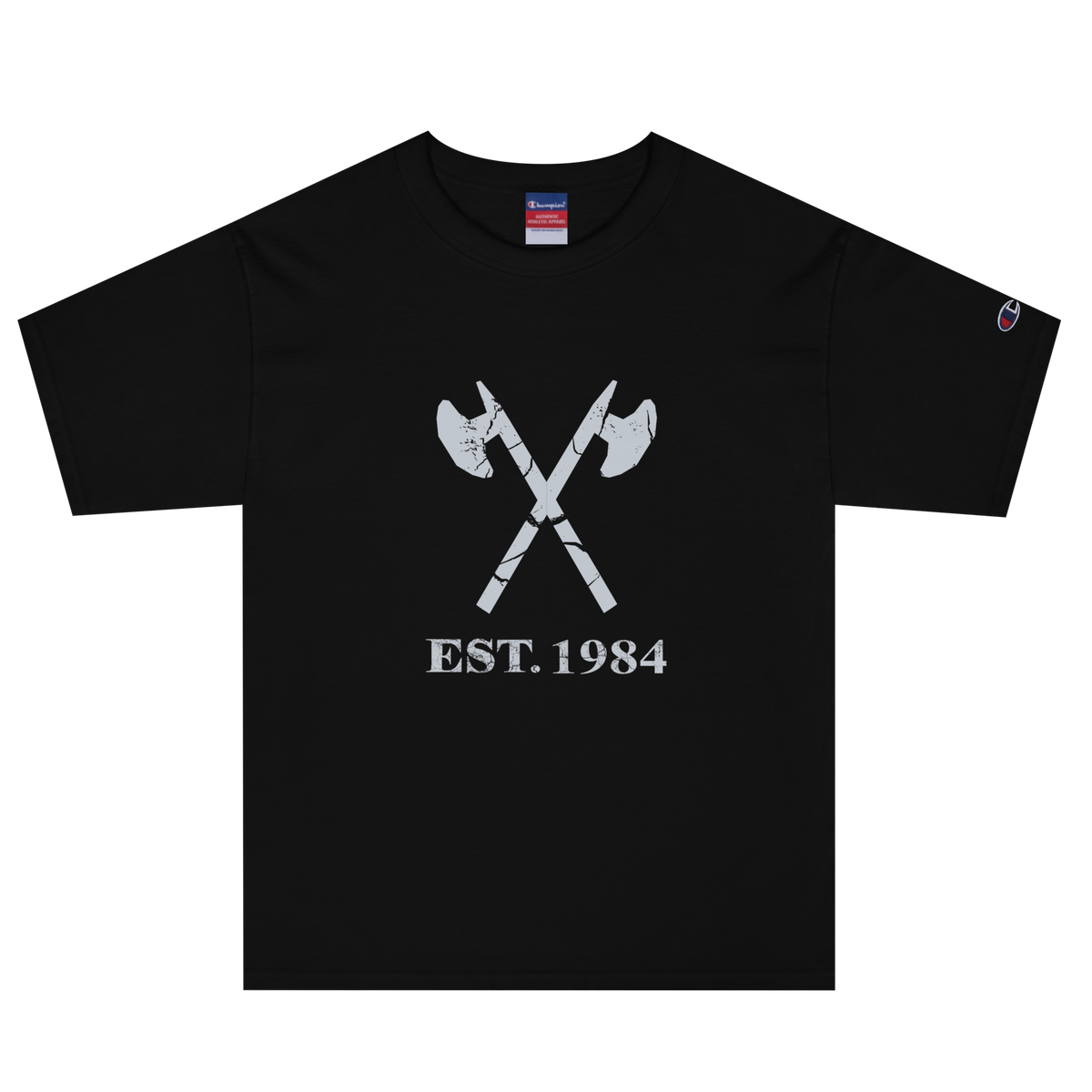 Black heavyweight, 100% cotton luxury Champion© t-shirt featuring aged crossed axes emblem and text "EST. 1984" indicating the year the faction was first introduced to the brick universe. Item is a BRKDrip Heritage Collection luxury shirt with a vintage castle building block aesthetic.
