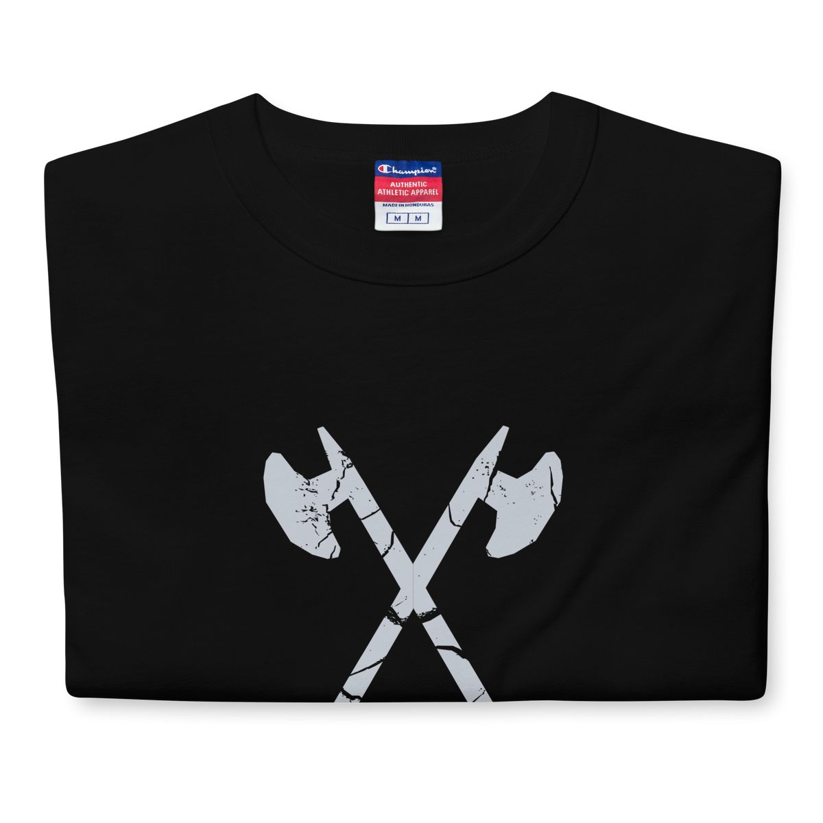 Folded Black heavyweight, 100% cotton luxury Champion© t-shirt featuring aged crossed axes emblem and text "EST. 1984" indicating the year the faction was first introduced to the brick universe. Item is a BRKDrip Heritage Collection luxury shirt with a vintage castle building block aesthetic.