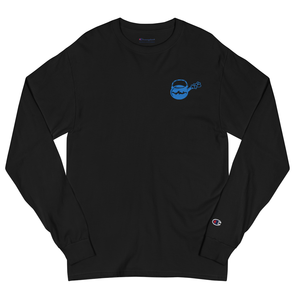 Black lightweight, 100% cotton luxury Champion© shirt featuring bright blue deep insight tea pot emblem embroidered in the top right corner. Item is a BRKDrip Builder's Collection luxury longsleeve shirt with a modern elemental brick master aesthetic.