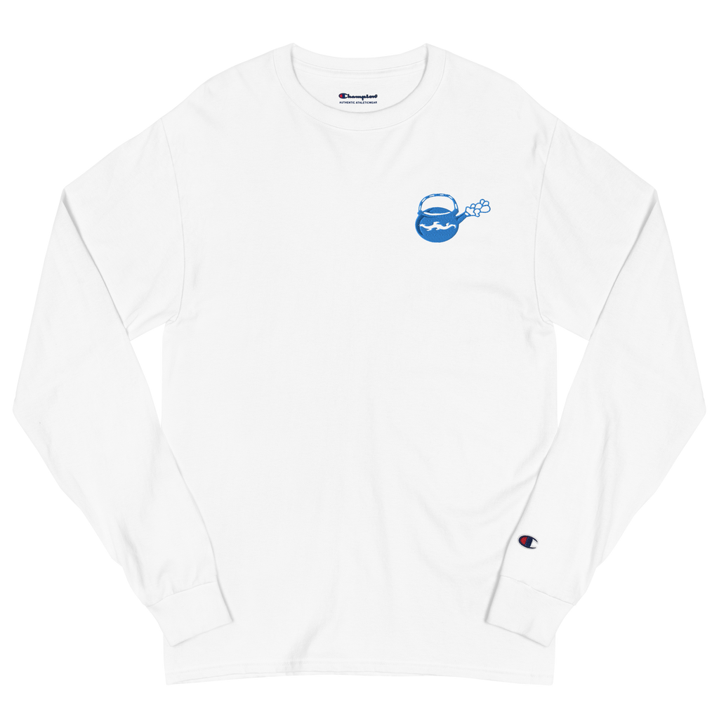 White lightweight, 100% cotton luxury Champion© shirt featuring bright blue deep insight tea pot emblem embroidered in the top right corner. Item is a BRKDrip Builder's Collection luxury longsleeve shirt with a modern elemental brick master aesthetic.