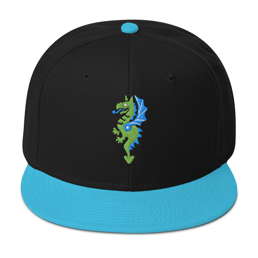 Front-facing view of black flat bill hat with a bright blue bill and strap featuring embroidered dragon master remix design with matching bright blue wings. Item is a BRKDrip AFOL Headgear classic snapback with a vintage castle building blocks aesthetic.