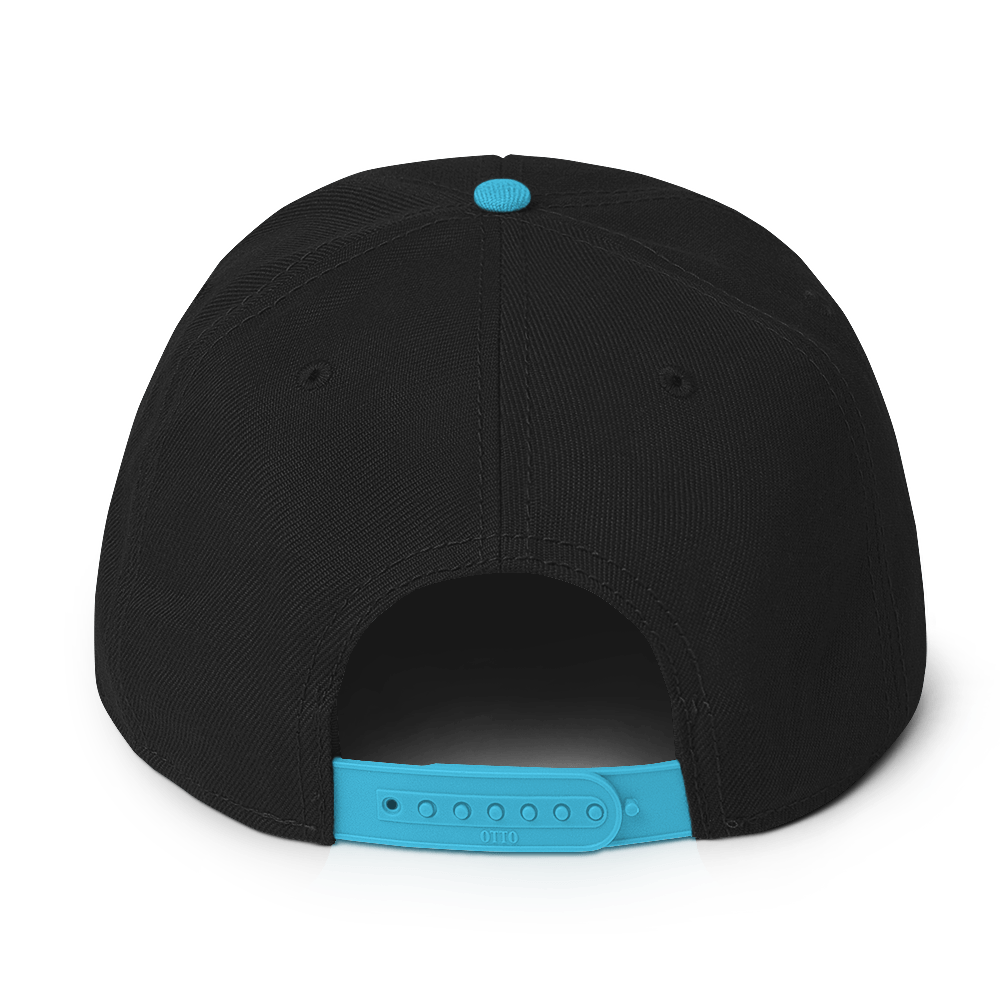 Back view of plastic snapback flat bill hat with a bright blue bill and strap featuring embroidered dragon master remix design with matching bright blue wings. Item is a BRKDrip AFOL Headgear classic snapback with a vintage castle building blocks aesthetic.