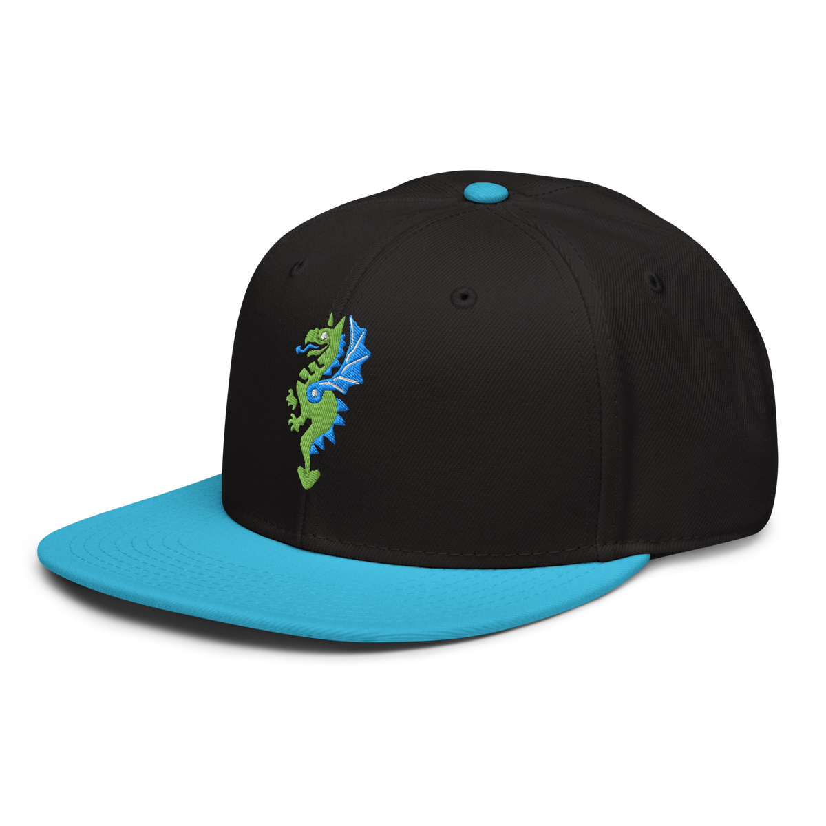 Side profile of black flat bill hat with a bright blue bill and strap featuring embroidered dragon master remix design with matching bright blue wings. Item is a BRKDrip AFOL Headgear classic snapback with a vintage castle building blocks aesthetic.