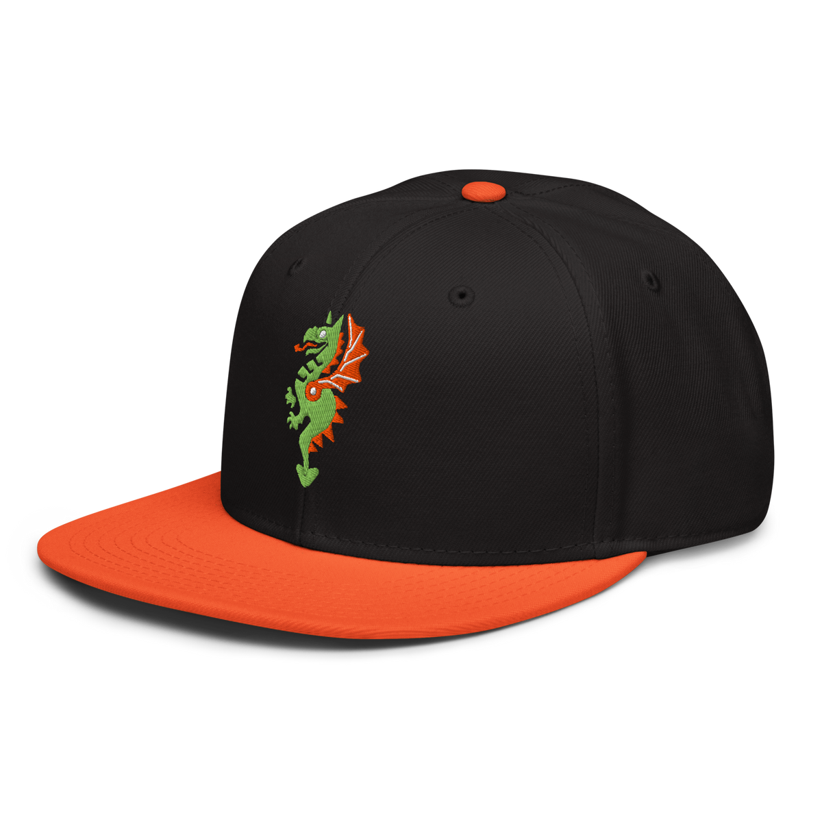 Side profile of black flat bill hat with a bright orange bill and strap featuring embroidered dragon master remix design with matching bright orange wings. Item is a BRKDrip AFOL Headgear classic snapback with a vintage castle building blocks aesthetic.