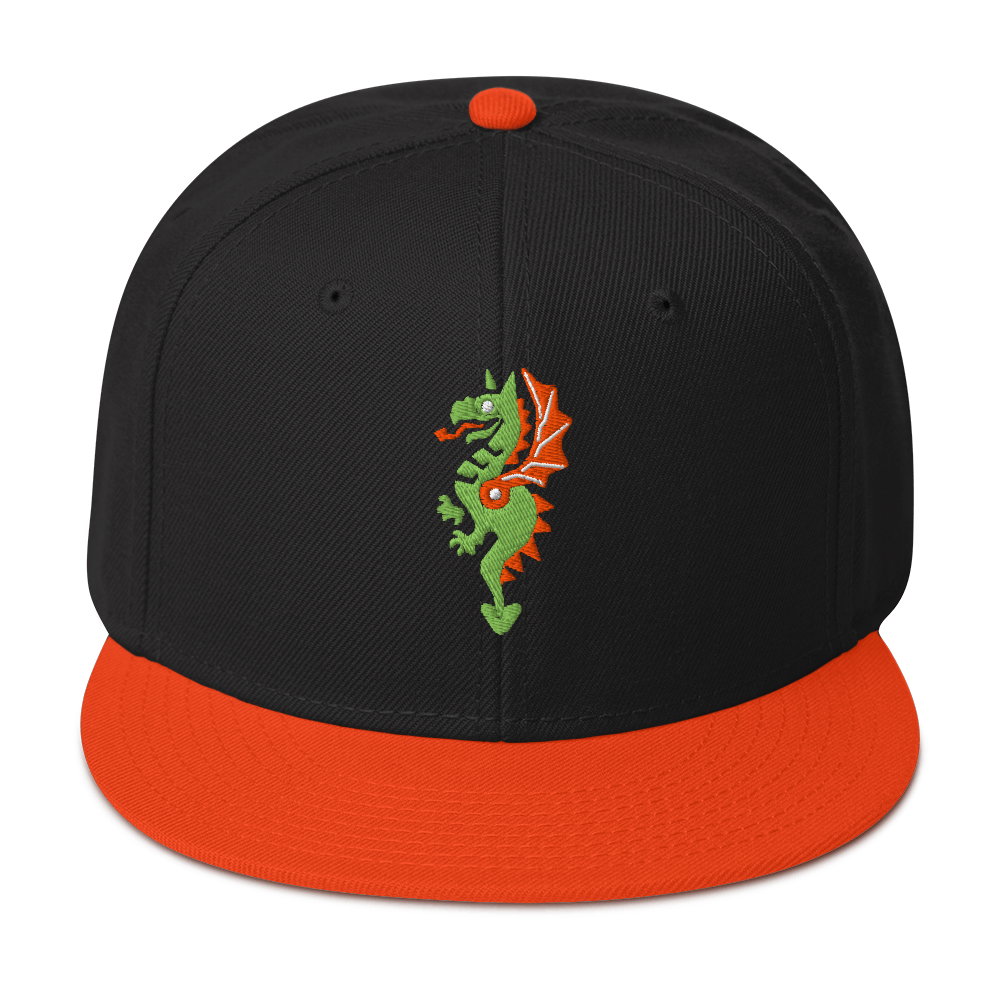 Front-facing view of black flat bill hat with a bright orange bill and strap featuring embroidered dragon master remix design with matching bright orange wings. Item is a BRKDrip AFOL Headgear classic snapback with a vintage castle building blocks aesthetic.
