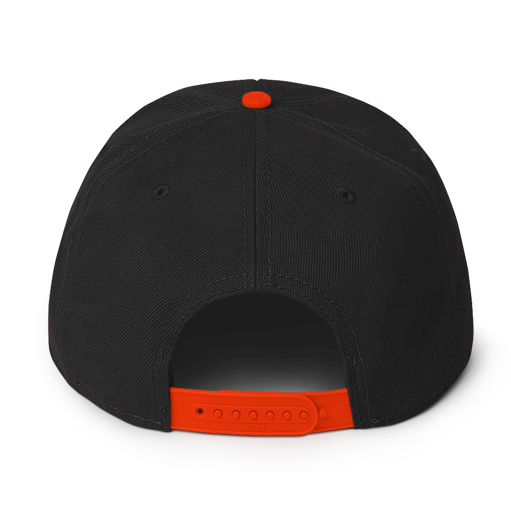 Back view of plastic snapback flat bill hat with a bright orange bill and strap featuring embroidered dragon master remix design with matching bright orange wings. Item is a BRKDrip AFOL Headgear classic snapback with a vintage castle building blocks aesthetic.