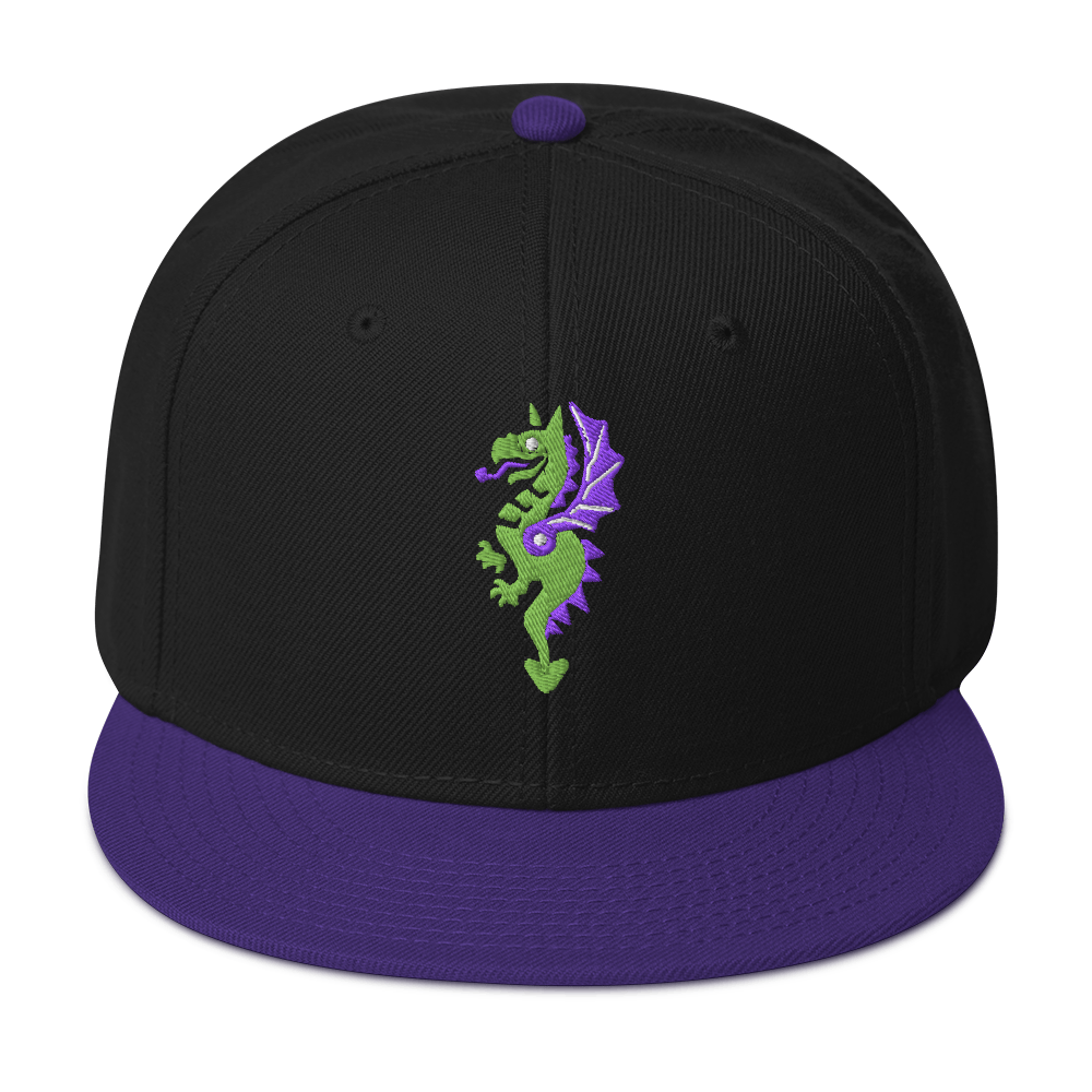 Front-facing view of black flat bill hat with a bright purple bill and strap featuring embroidered dragon master remix design with matching bright purple wings. Item is a BRKDrip AFOL Headgear classic snapback with a vintage castle building blocks aesthetic.