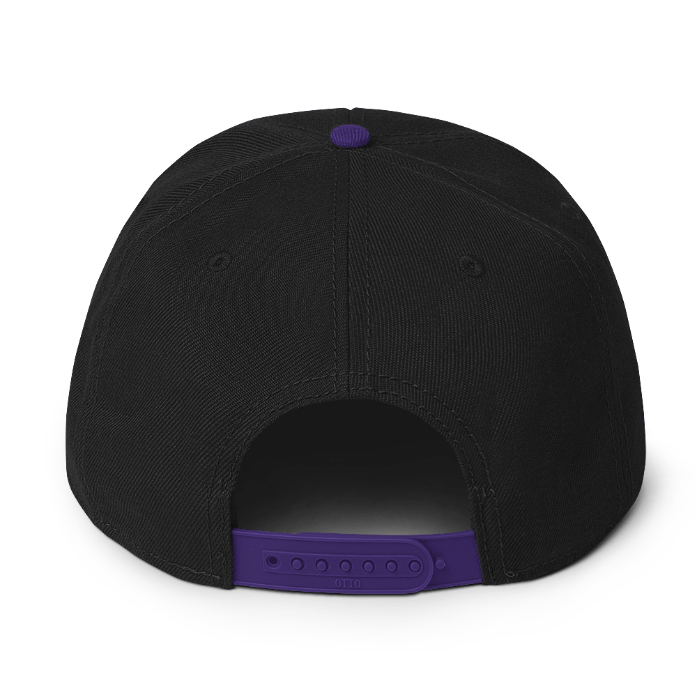 Back view of plastic snapback flat bill hat with a bright purple bill and strap featuring embroidered dragon master remix design with matching bright purple wings. Item is a BRKDrip AFOL Headgear classic snapback with a vintage castle building blocks aesthetic.