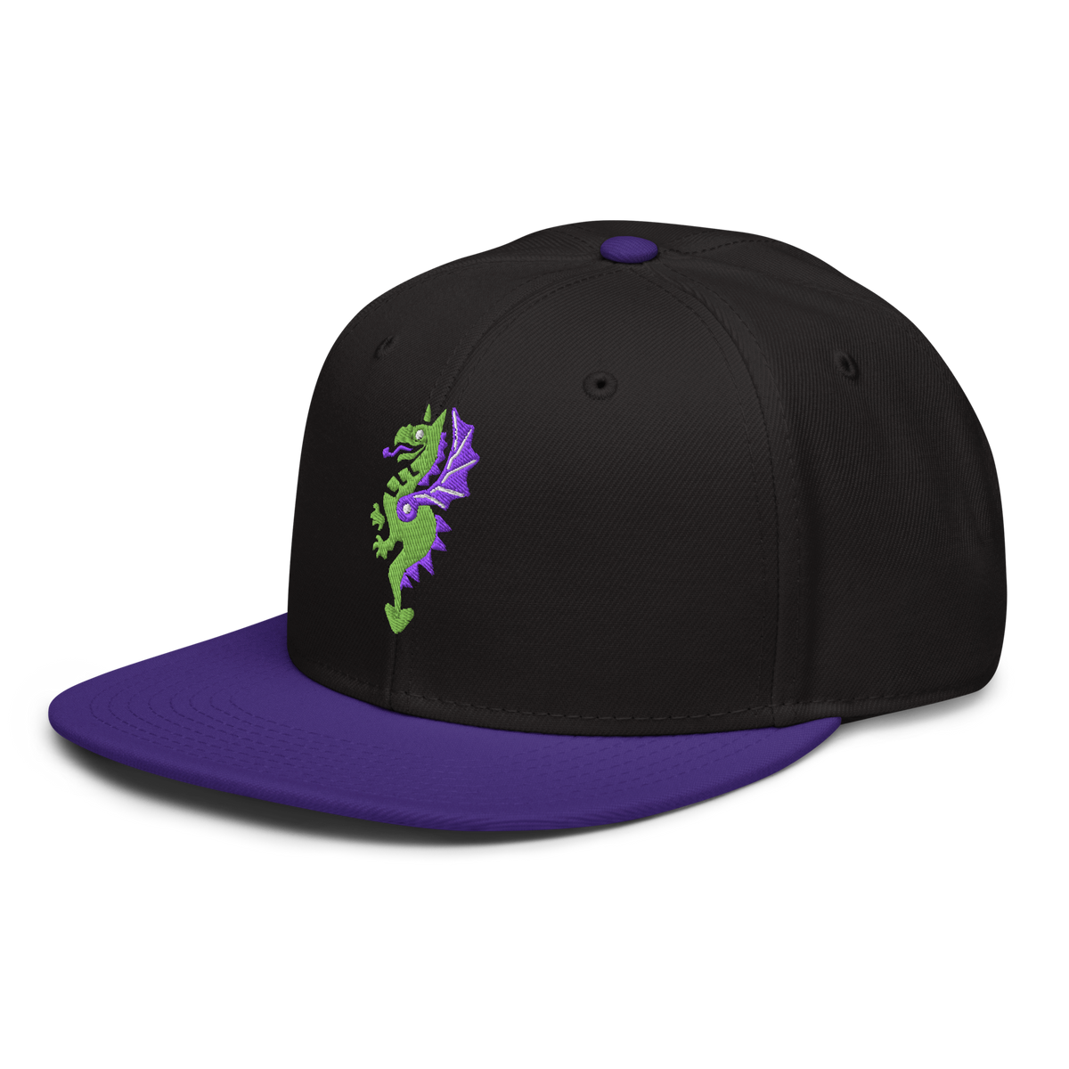 Side profile of black flat bill hat with a bright purple bill and strap featuring embroidered dragon master remix design with matching bright purple wings. Item is a BRKDrip AFOL Headgear classic snapback with a vintage castle building blocks aesthetic.