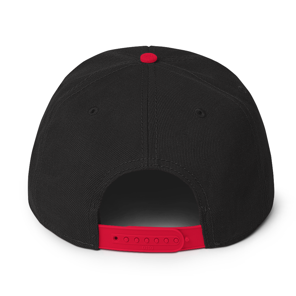 Back view of plastic snapback flat bill hat with a bright red bill and strap featuring embroidered dragon master remix design with matching bright red wings. Item is a BRKDrip AFOL Headgear classic snapback with a vintage castle building blocks aesthetic.
