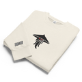 Off-white lunar rock tri-blend fleece sweatshirt featuring a classic fan-made evil sensei with red eyes design embroidered across the front and setshirt number 70725 on the sleeve. Item is a BRKDrip Limited Edition Cozy Wear Sweatshirt with a modern elemental brick master aesthetic.