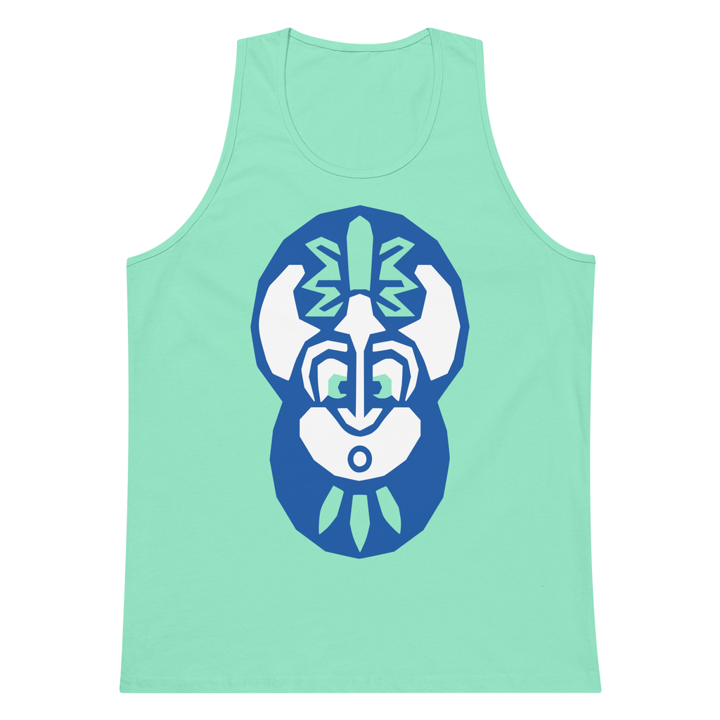 Mint-colored 100% airlume cotton t-shirt featuring classic fan-made "king of the enchanted isle" design. Item is a summer wear premium tank top with a vintage pirate building blocks aesthetic.