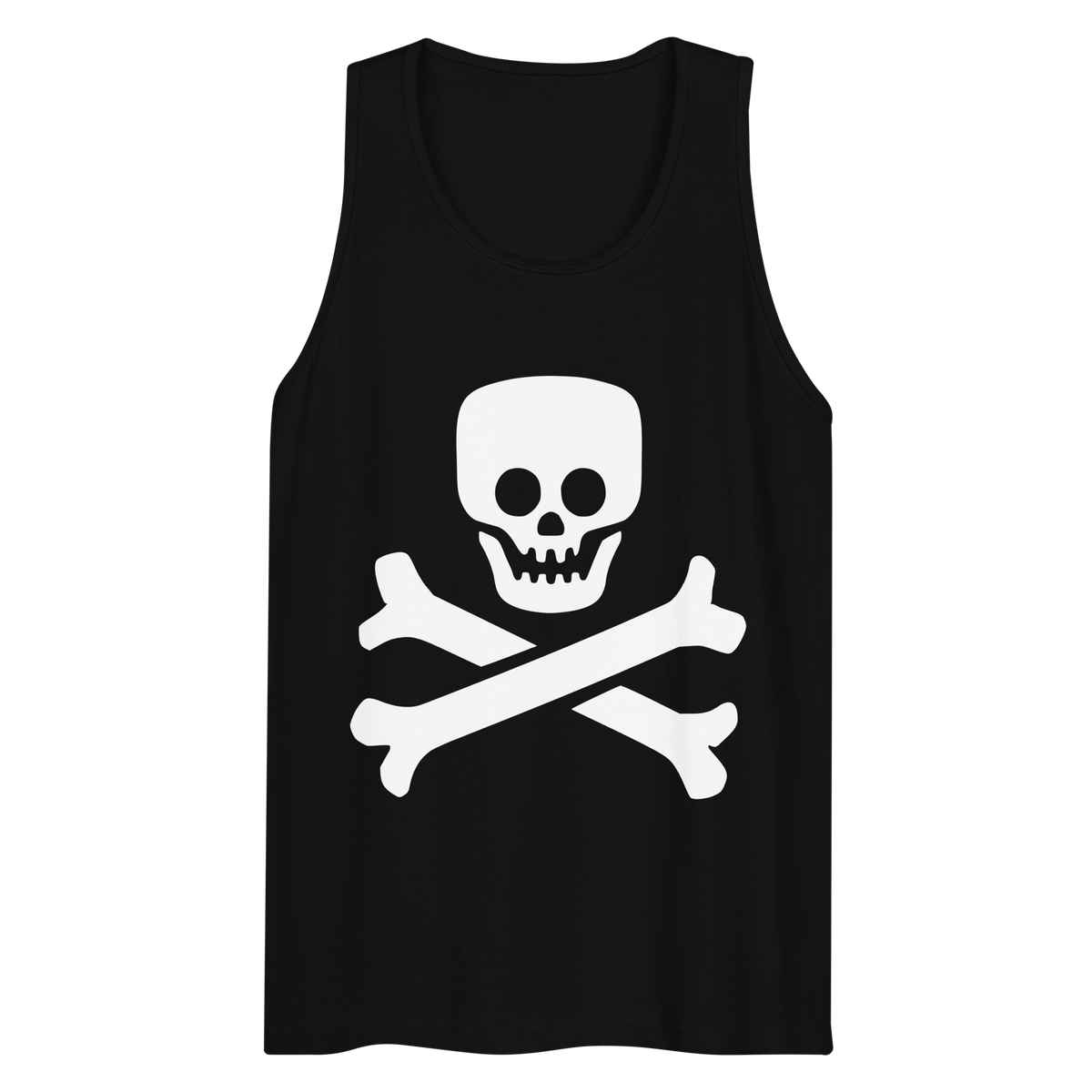 Wrinkled black 100% airlume cotton t-shirt featuring classic fan-made jolly roger skull design. Item is a BRKDrip summer wear premium tank top with a vintage pirate building blocks aesthetic.