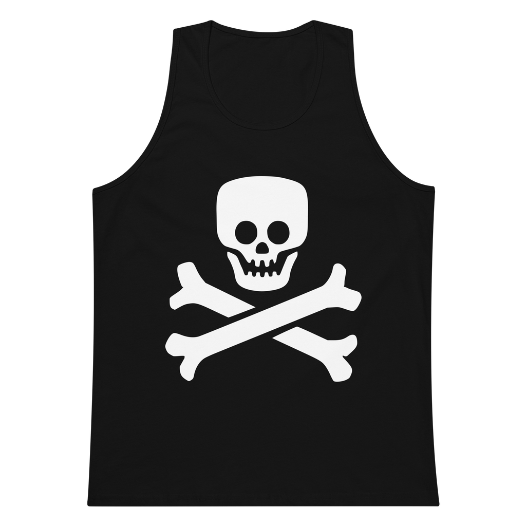 Black 100% airlume cotton t-shirt featuring classic fan-made jolly roger skull design. Item is a BRKDrip summer wear premium tank top with a vintage pirate building blocks aesthetic.
