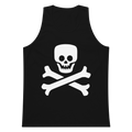Black 100% airlume cotton t-shirt featuring classic fan-made jolly roger skull design. Item is a BRKDrip summer wear premium tank top with a vintage pirate building blocks aesthetic.
