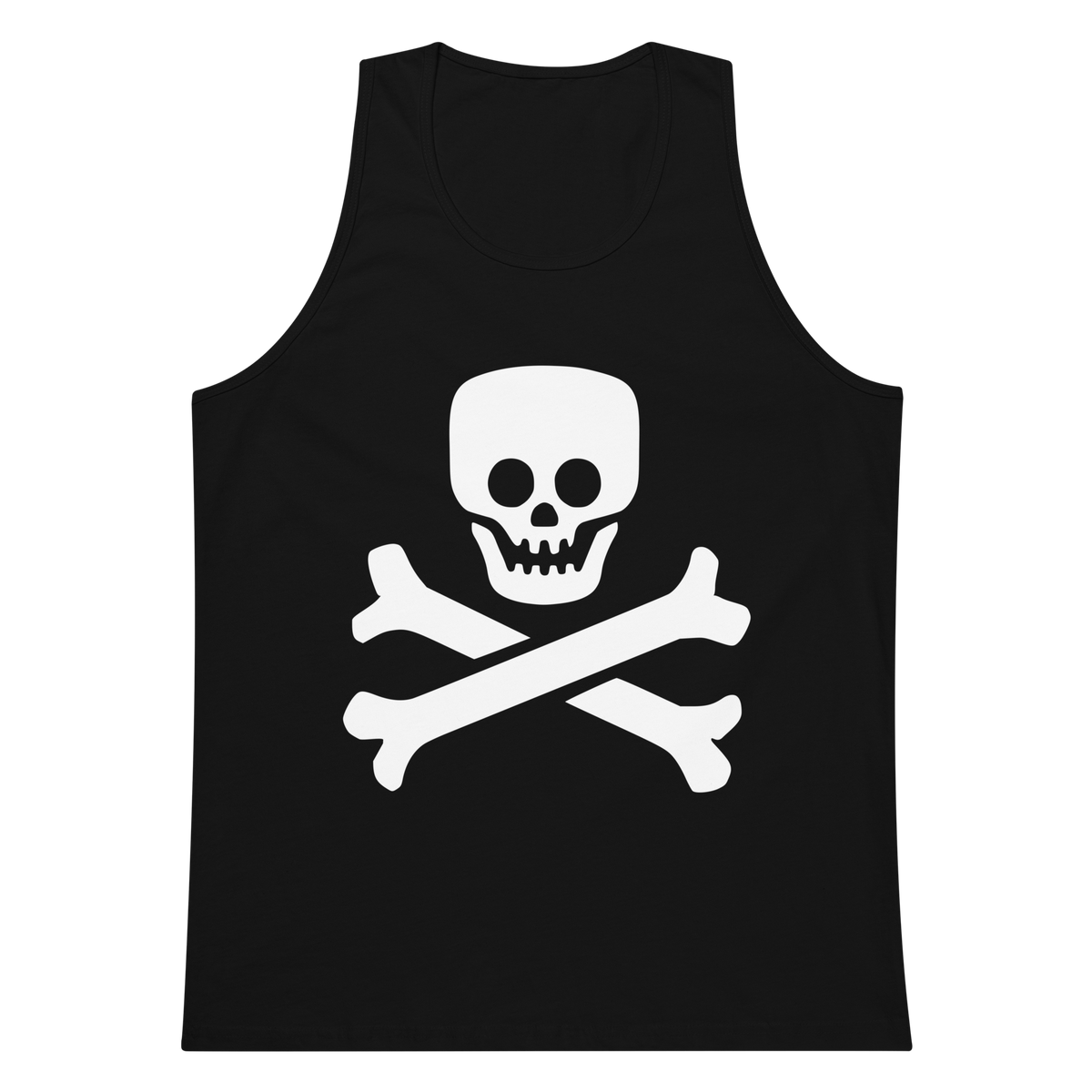 Black 100% airlume cotton t-shirt featuring classic fan-made jolly roger skull design. Item is a BRKDrip summer wear premium tank top with a vintage pirate building blocks aesthetic.
