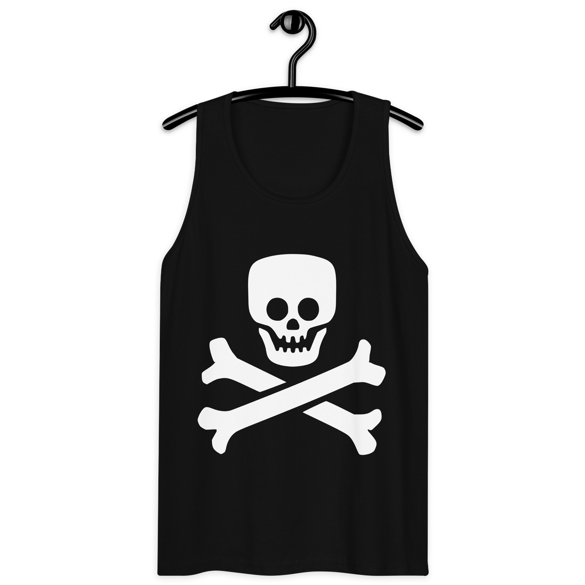 Black 100% airlume cotton t-shirt featuring classic fan-made jolly roger skull design on a hanger. Item is a BRKDrip summer wear premium tank top with a vintage pirate building blocks aesthetic.