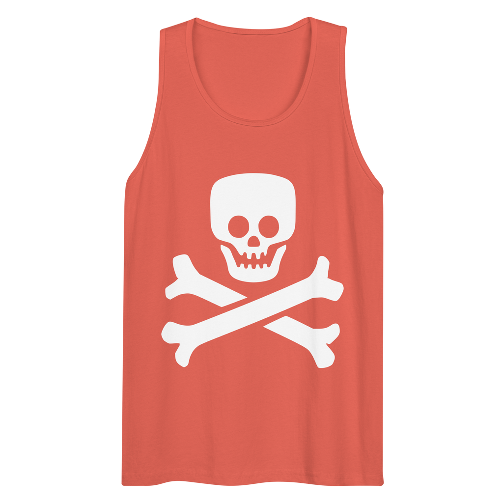 Wrinkled coral 100% airlume cotton t-shirt featuring classic fan-made jolly roger skull design. Item is a BRKDrip summer wear premium tank top with a vintage pirate building blocks aesthetic.