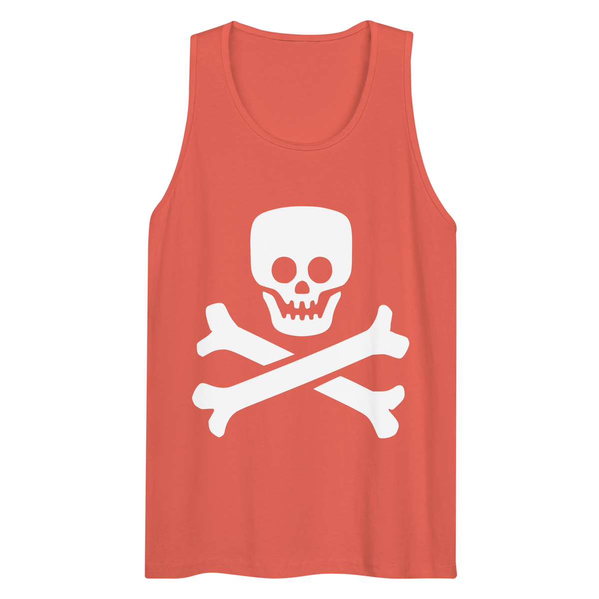 Wrinkled coral 100% airlume cotton t-shirt featuring classic fan-made jolly roger skull design. Item is a BRKDrip summer wear premium tank top with a vintage pirate building blocks aesthetic.