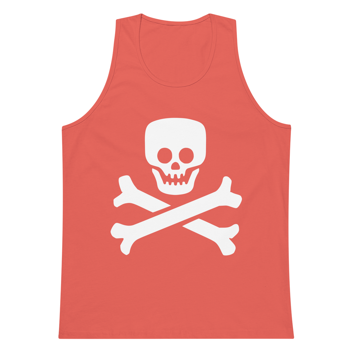 Coral 100% airlume cotton t-shirt featuring classic fan-made jolly roger skull design. Item is a BRKDrip summer wear premium tank top with a vintage pirate building blocks aesthetic.