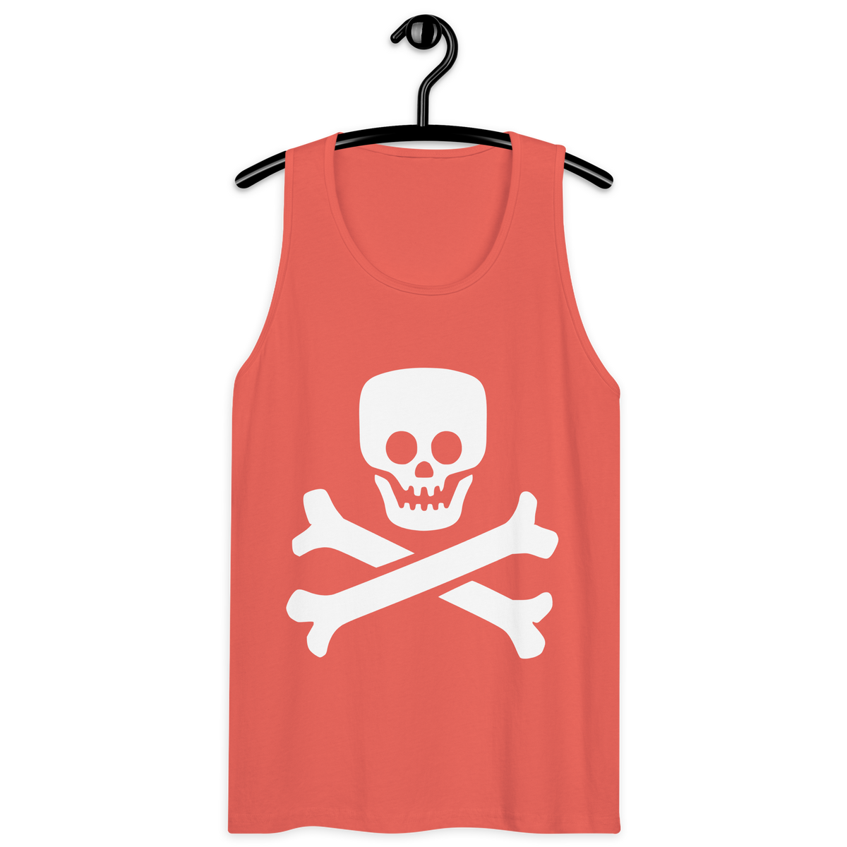 Coral 100% airlume cotton t-shirt featuring classic fan-made jolly roger skull design on a hanger. Item is a BRKDrip summer wear premium tank top with a vintage pirate building blocks aesthetic.
