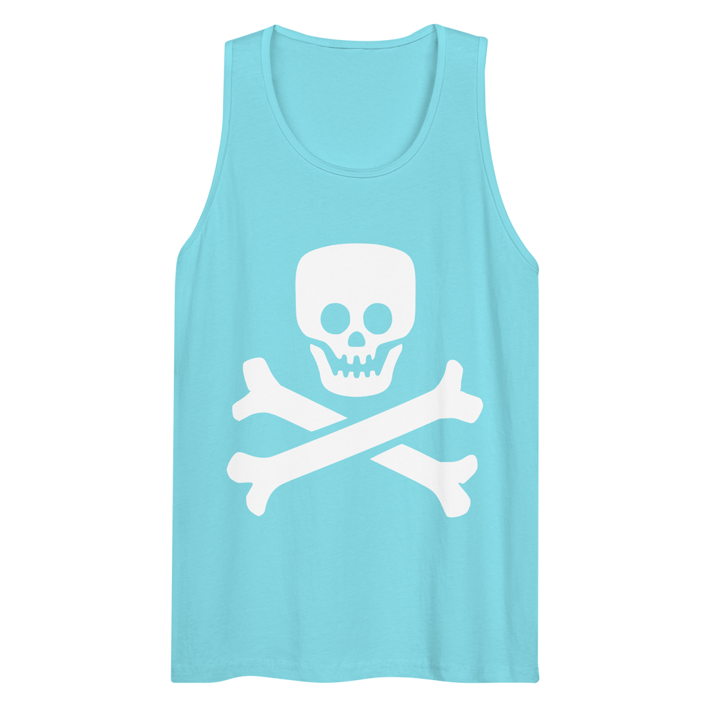 Wrinkled pacific blue 100% airlume cotton t-shirt featuring classic fan-made jolly roger skull design. Item is a BRKDrip summer wear premium tank top with a vintage pirate building blocks aesthetic.