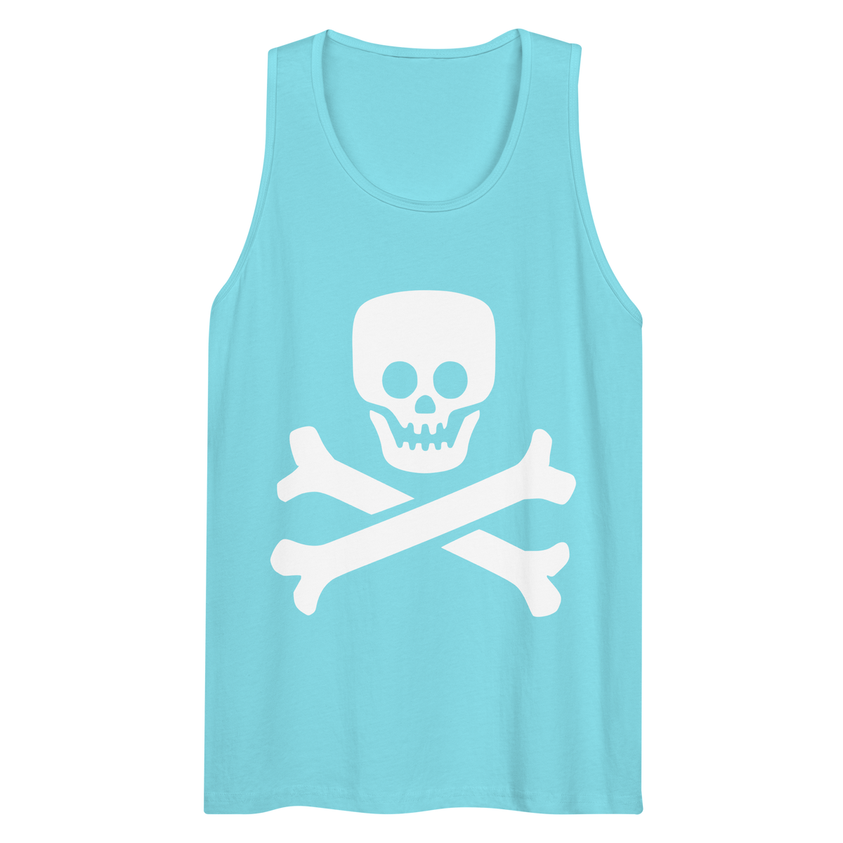 Wrinkled pacific blue 100% airlume cotton t-shirt featuring classic fan-made jolly roger skull design. Item is a BRKDrip summer wear premium tank top with a vintage pirate building blocks aesthetic.