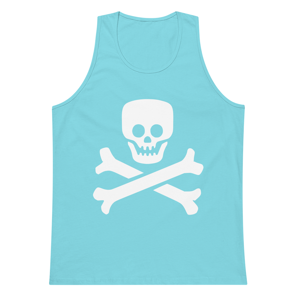 Pacific blue 100% airlume cotton t-shirt featuring classic fan-made jolly roger skull design. Item is a BRKDrip summer wear premium tank top with a vintage pirate building blocks aesthetic.