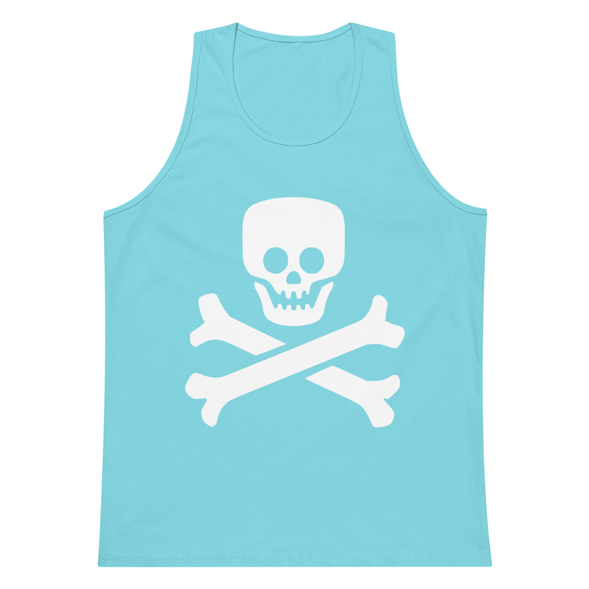 Pacific blue 100% airlume cotton t-shirt featuring classic fan-made jolly roger skull design. Item is a BRKDrip summer wear premium tank top with a vintage pirate building blocks aesthetic.