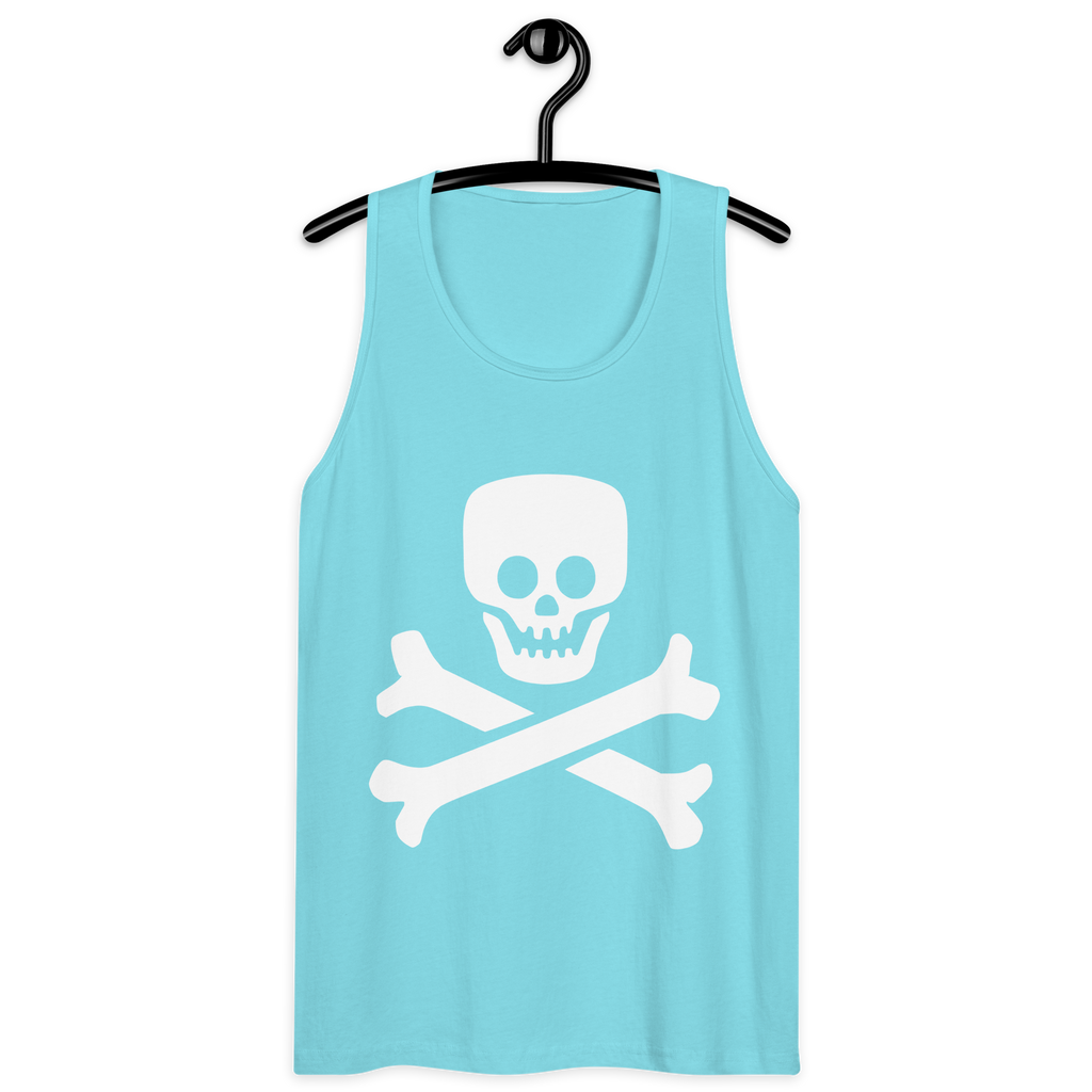 Pacific blue 100% airlume cotton t-shirt featuring classic fan-made jolly roger skull design on a hanger. Item is a BRKDrip summer wear premium tank top with a vintage pirate building blocks aesthetic.