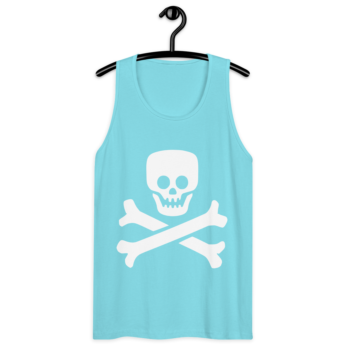 Pacific blue 100% airlume cotton t-shirt featuring classic fan-made jolly roger skull design on a hanger. Item is a BRKDrip summer wear premium tank top with a vintage pirate building blocks aesthetic.